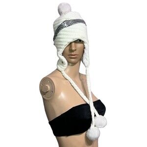 Chicago Blackhawks Winter Ear Warmer White Beanie Hat with Pom Tassels "Ladies"